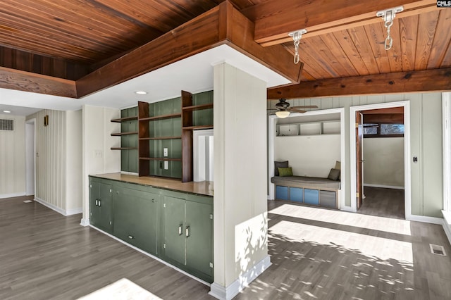 interior space with beamed ceiling, wooden ceiling, and dark hardwood / wood-style floors