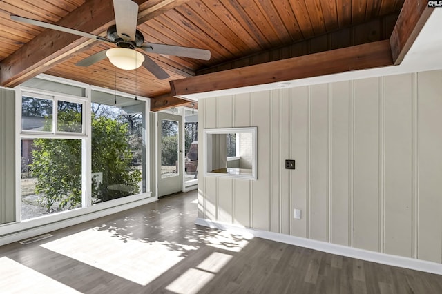 unfurnished sunroom featuring ceiling fan, wood ceiling, and vaulted ceiling with beams