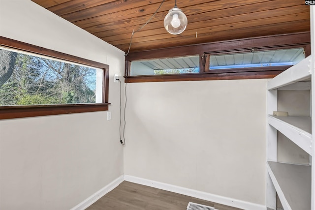 interior space with wooden ceiling and hardwood / wood-style floors