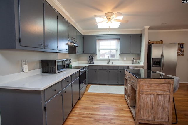 kitchen featuring light wood-type flooring, appliances with stainless steel finishes, gray cabinets, and sink