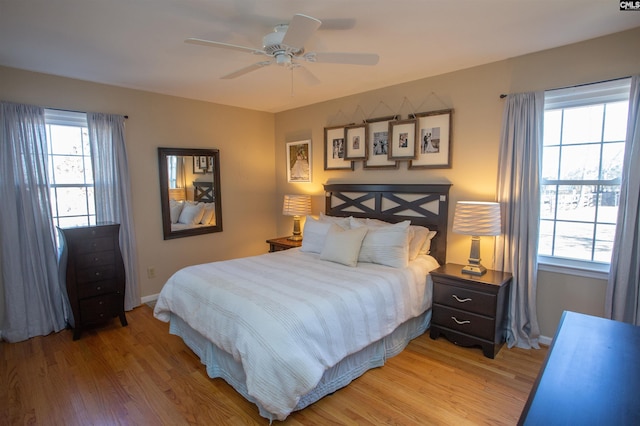 bedroom with ceiling fan and wood-type flooring