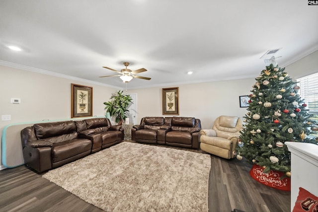 living room featuring dark wood-type flooring, ceiling fan, and ornamental molding