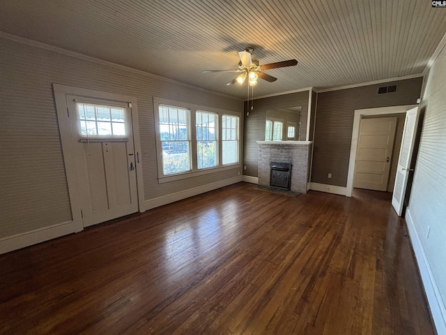 unfurnished living room with ornamental molding, ceiling fan, and dark hardwood / wood-style floors