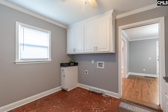 washroom featuring electric dryer hookup, cabinets, crown molding, ceiling fan, and washer hookup