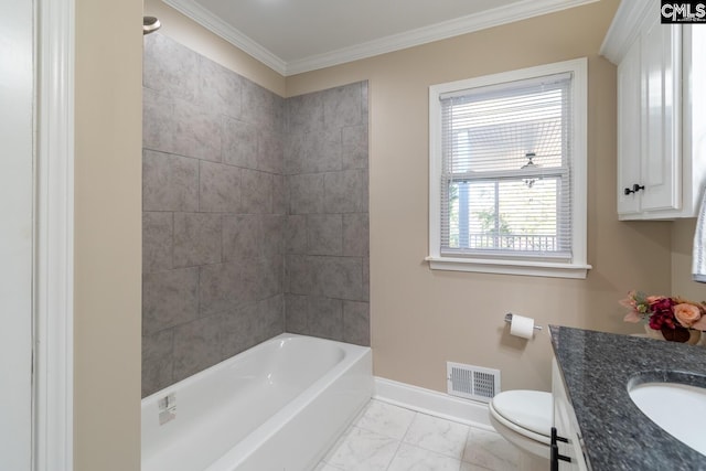 full bathroom with bathing tub / shower combination, crown molding, vanity, and toilet