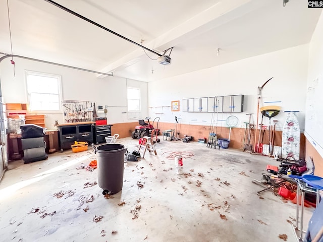 garage featuring a workshop area and a garage door opener