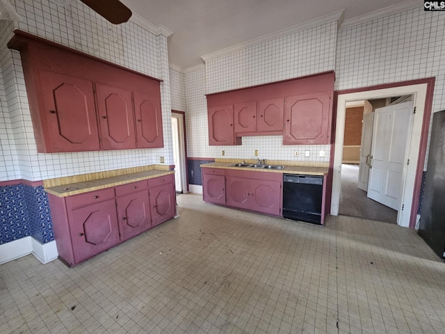 kitchen featuring crown molding, wood counters, black dishwasher, and sink