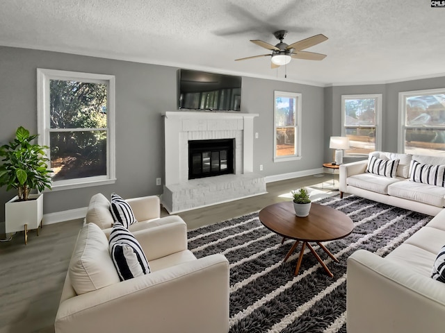 living room with ceiling fan, a healthy amount of sunlight, dark hardwood / wood-style floors, and a fireplace