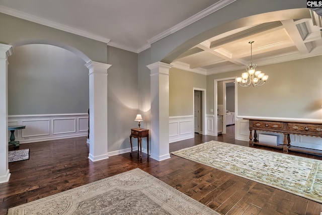 entryway featuring coffered ceiling, beam ceiling, dark wood-type flooring, and ornamental molding