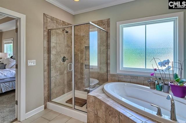 bathroom with tile patterned flooring, ornamental molding, independent shower and bath, and a healthy amount of sunlight