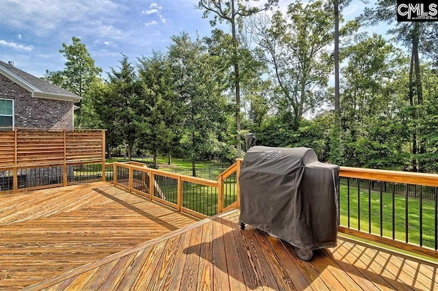 wooden terrace with grilling area and a lawn