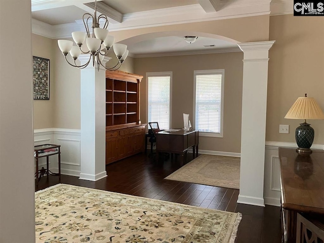 dining area featuring crown molding, dark wood-type flooring, beam ceiling, coffered ceiling, and ornate columns