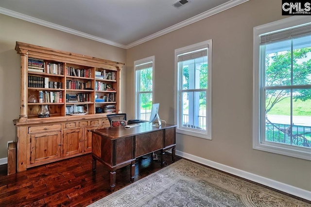 office space with dark hardwood / wood-style flooring, crown molding, and a wealth of natural light