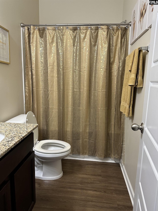 bathroom with toilet, hardwood / wood-style flooring, and vanity