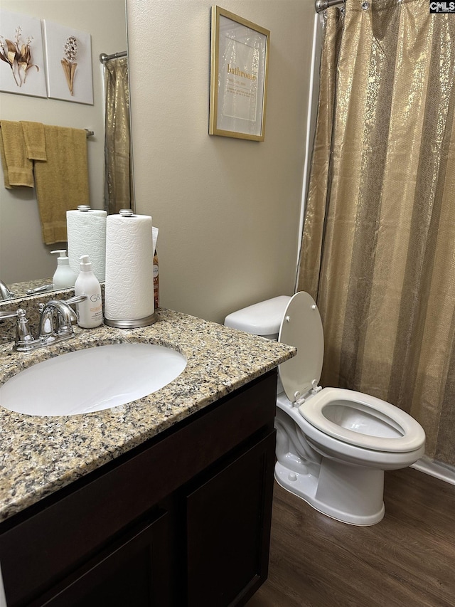 bathroom featuring toilet, wood-type flooring, and vanity