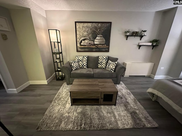 living room with a textured ceiling and dark hardwood / wood-style flooring