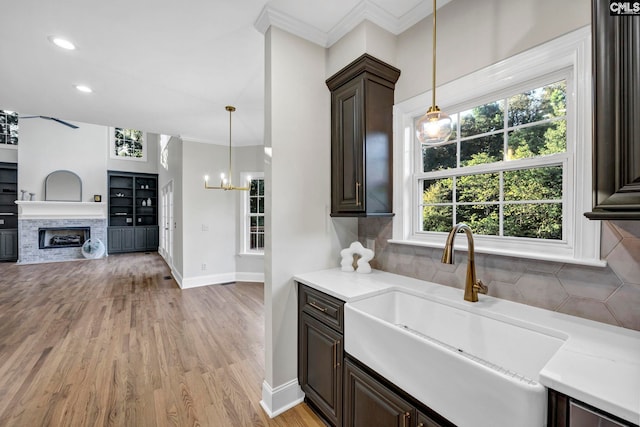 kitchen featuring light hardwood / wood-style floors, dark brown cabinets, crown molding, and a fireplace