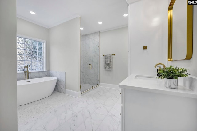 bathroom with shower with separate bathtub, ornamental molding, and vanity