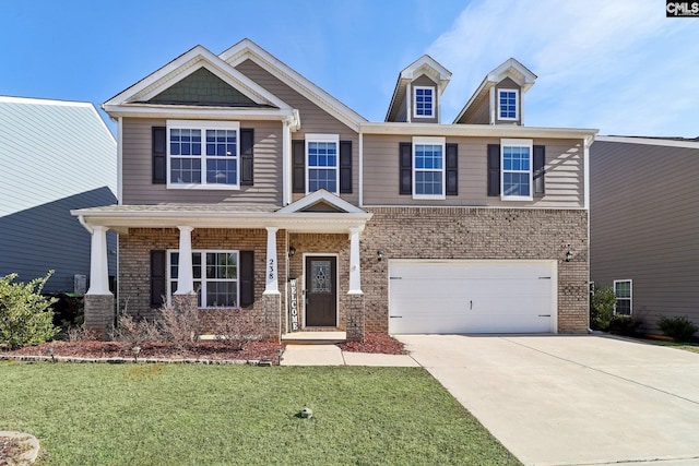 craftsman inspired home with concrete driveway, brick siding, a front lawn, and an attached garage