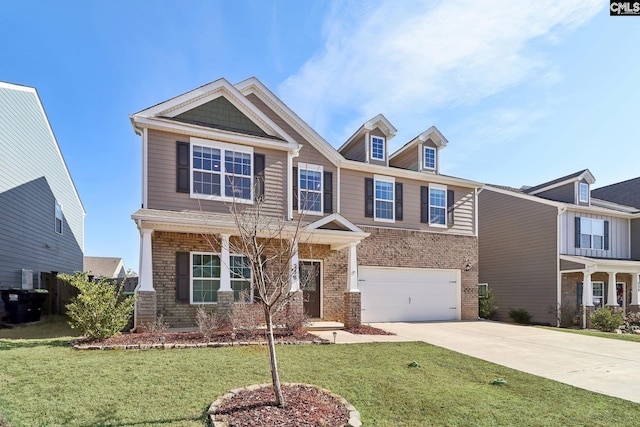 craftsman-style home with a garage, a front lawn, concrete driveway, and brick siding