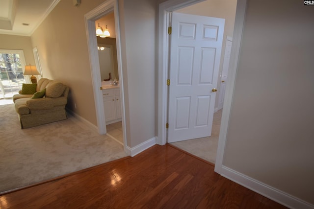 hallway featuring crown molding and wood-type flooring