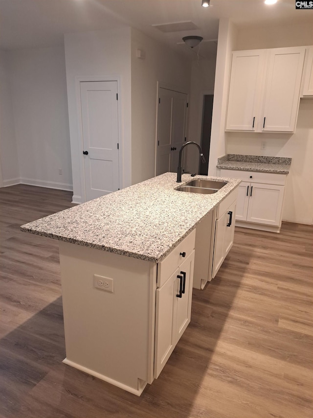 kitchen featuring light stone countertops, sink, a kitchen island with sink, and light wood-type flooring