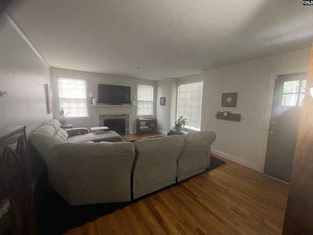 living room featuring crown molding and hardwood / wood-style flooring