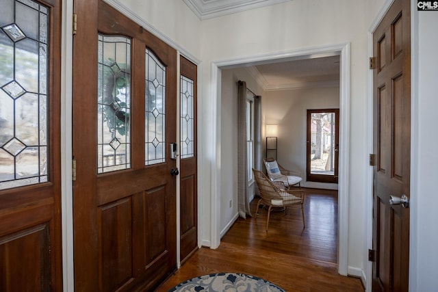 entrance foyer featuring dark wood-type flooring and ornamental molding