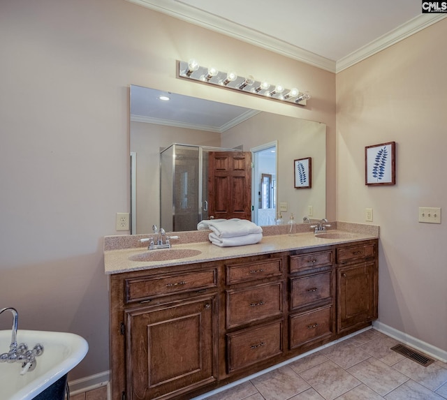 bathroom with ornamental molding, shower with separate bathtub, vanity, and tile patterned flooring