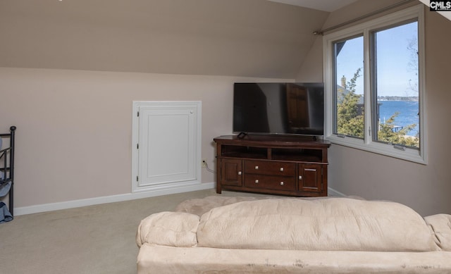 carpeted living room with lofted ceiling