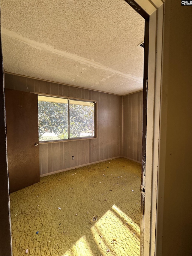 unfurnished room featuring a textured ceiling and wood walls