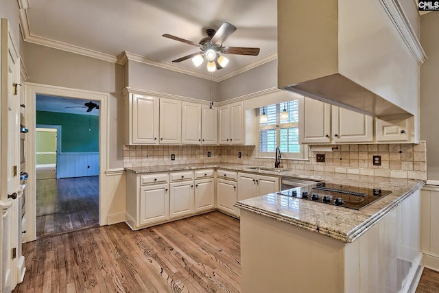 kitchen with white cabinetry, black electric stovetop, custom exhaust hood, and sink