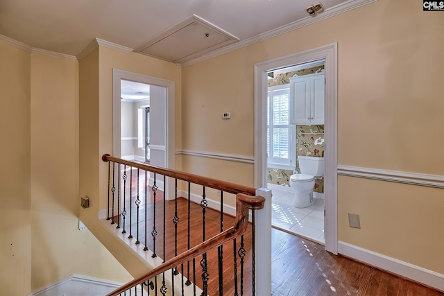 hallway with crown molding and hardwood / wood-style flooring