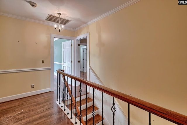 hall featuring hardwood / wood-style flooring, crown molding, and a chandelier