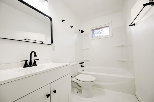 full bathroom with shower / tub combination, toilet, tile patterned floors, and vanity