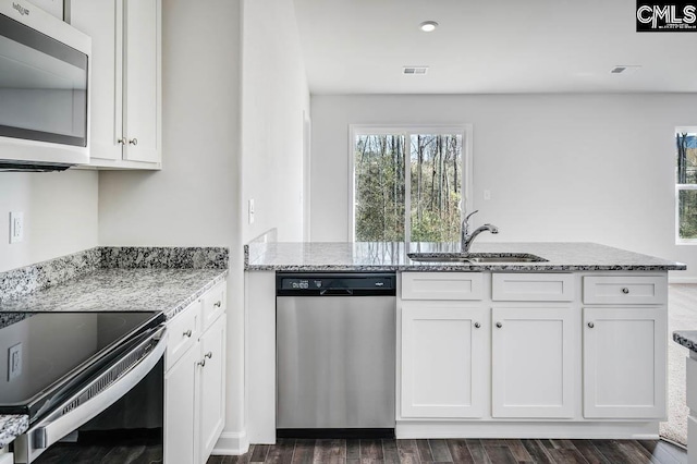 kitchen featuring stainless steel appliances, dark wood-type flooring, white cabinets, light stone counters, and sink