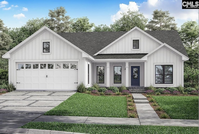 modern farmhouse with a garage and a front yard