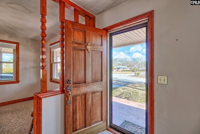 foyer with carpet, a healthy amount of sunlight, and a textured ceiling