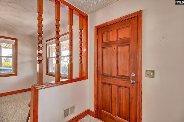 foyer featuring carpet and a textured ceiling