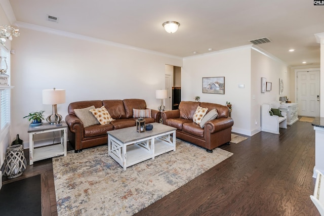 living room featuring dark wood-type flooring and crown molding