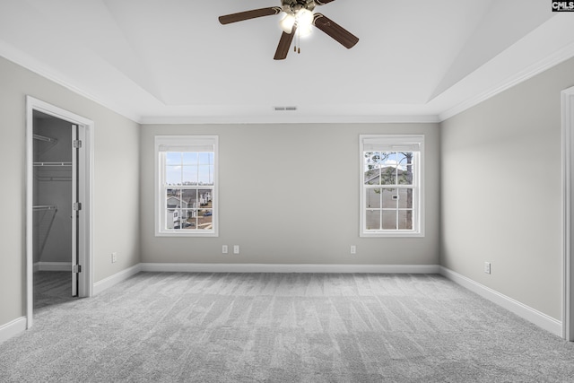 carpeted spare room featuring vaulted ceiling, ceiling fan, a wealth of natural light, and a raised ceiling