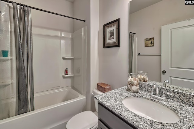 full bathroom featuring toilet, shower / bathtub combination with curtain, and vanity