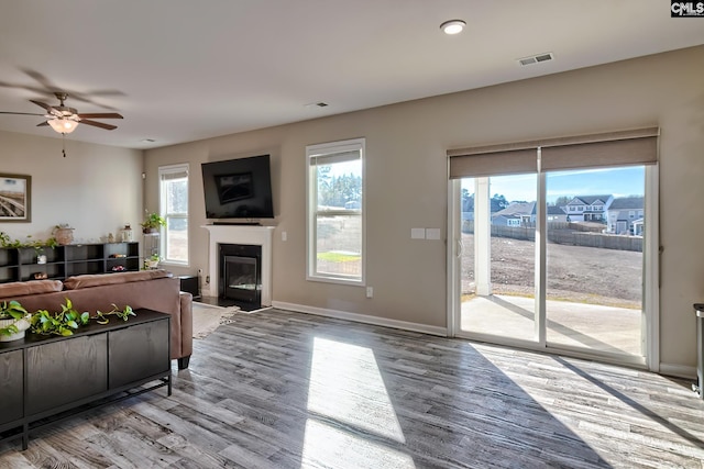 living room featuring ceiling fan and light hardwood / wood-style flooring