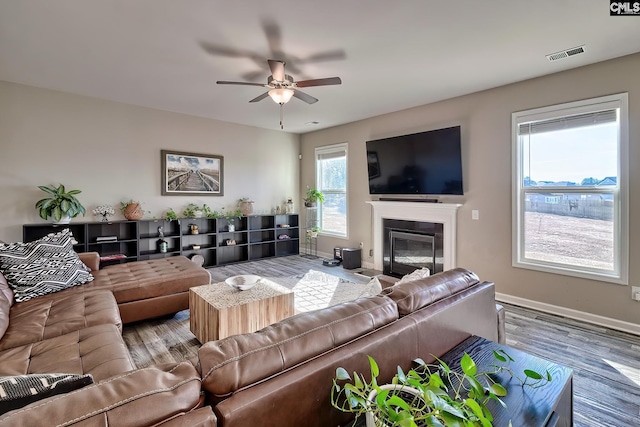 living room with ceiling fan and wood-type flooring