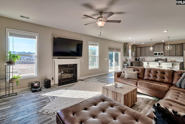 living room with ceiling fan and light hardwood / wood-style flooring