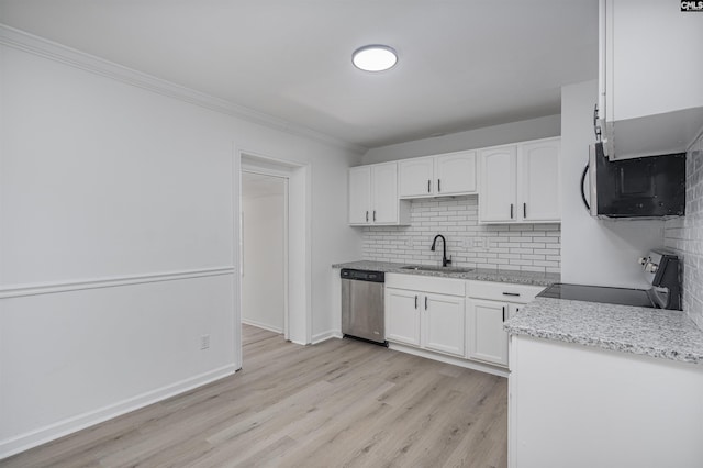 kitchen with white cabinets, dishwasher, sink, backsplash, and stove