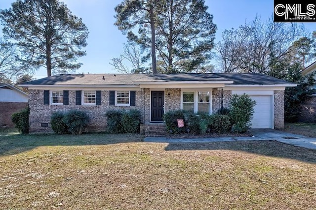 ranch-style house with a garage and a front lawn