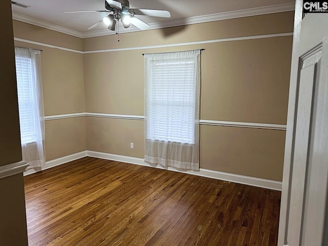 spare room featuring ceiling fan, ornamental molding, and hardwood / wood-style flooring