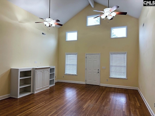 unfurnished living room featuring high vaulted ceiling, a healthy amount of sunlight, dark hardwood / wood-style floors, and beamed ceiling