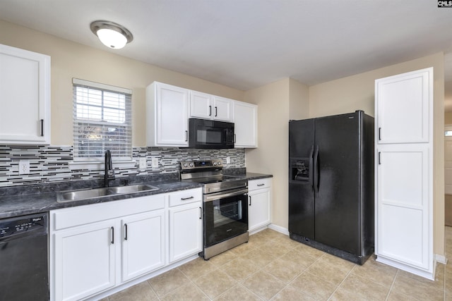 kitchen featuring black appliances, decorative backsplash, sink, and white cabinetry